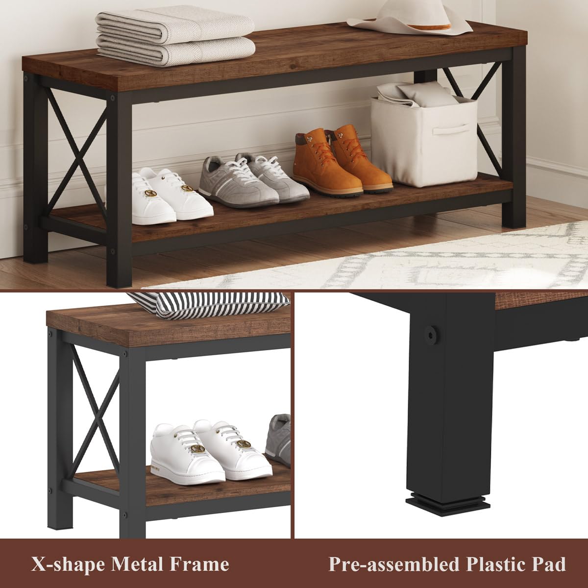 Entryway Bench with Storage, 2 Tier Rustic Shoe Bench, 47 inch