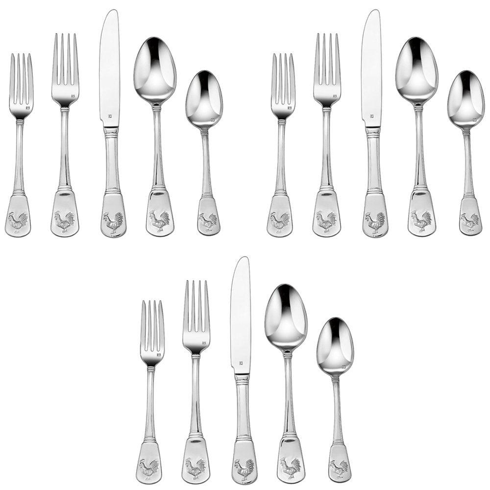 CFE-01-FR20 60-Piece Stainless Steel Flatware Set - French Rooster Pattern, Heavy-Gauge Handcrafted Silverware
