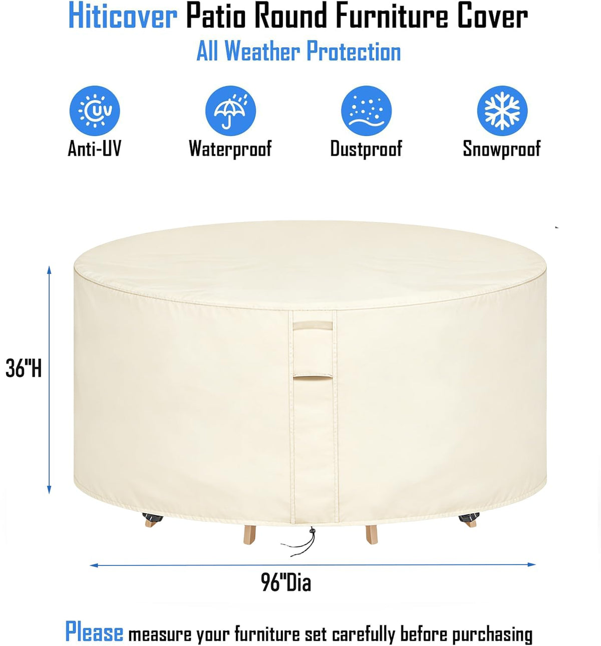 Round Patio Furniture Covers Waterproof, 96"Dia x 36"H, Beige
