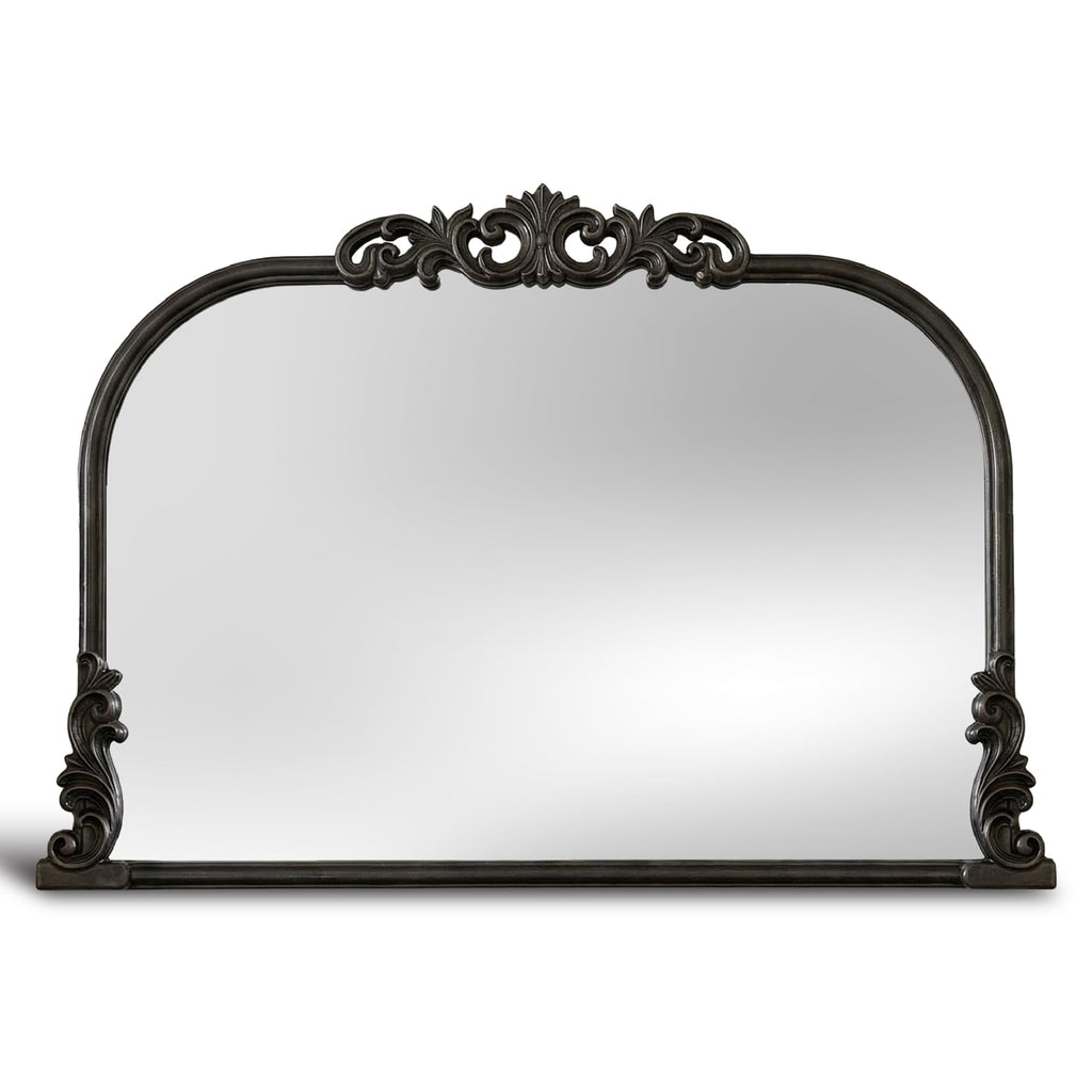 English Estate Carved Arch Wood Wall Mirror, Mirror, Distressed Black, 30.6x41