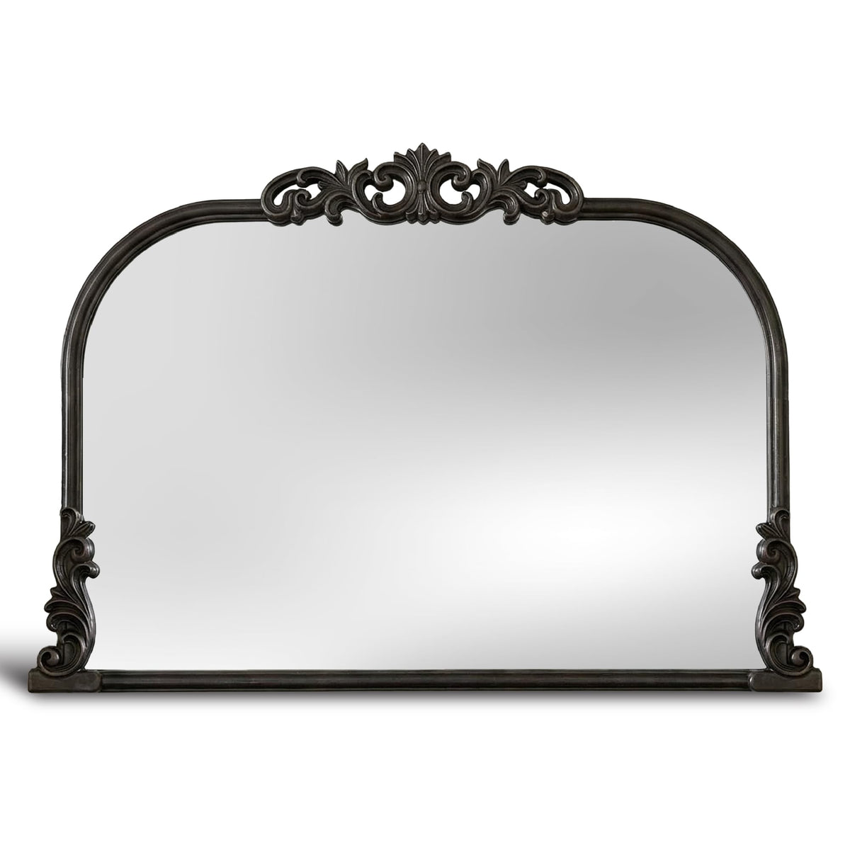 English Estate Carved Arch Wood Wall Mirror, Mirror, Distressed Black, 30.6x41