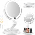 Lighted Travel Makeup Mirror, 1X & 10X Magnification, 3 Light Modes, Double Sided Magnification