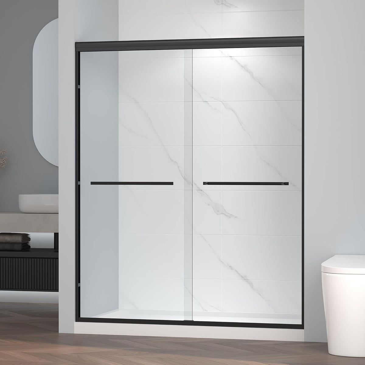 56-60" W x 72" H Semi-Frameless Bypass Sliding Shower Door, Easy-to-Clean Treated Clear Tempered Glass, Matte Black