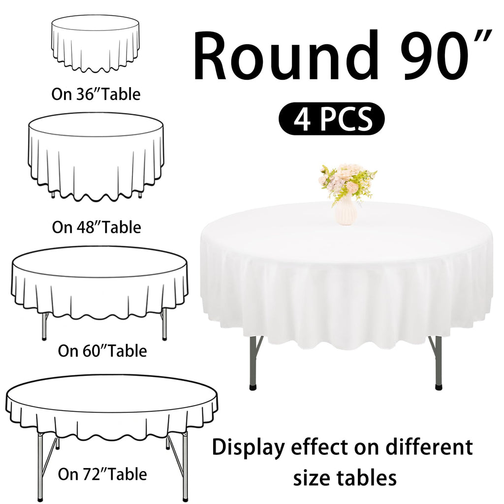 4 Pack Round Tablecloth 90 Inch White Polyester Washable Decorative Fabric Table Covers for Wedding Dining Table