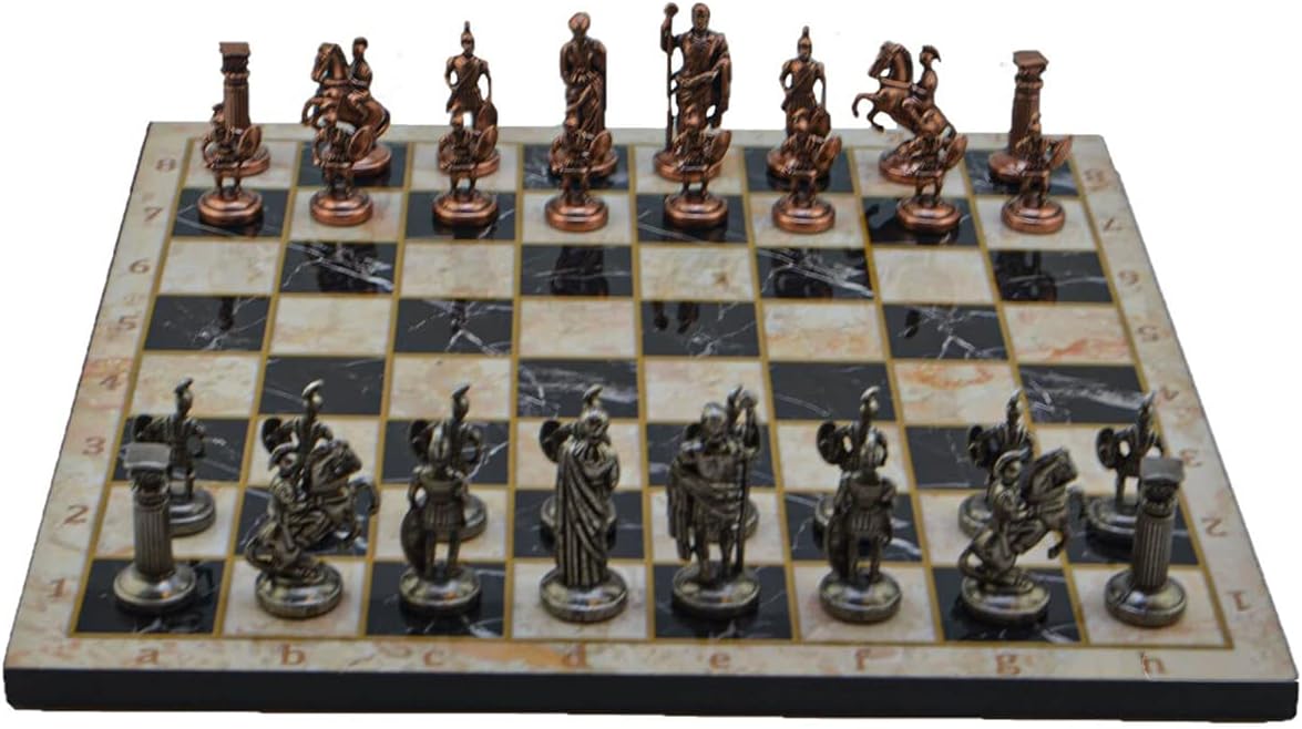 Metal Chess Set for Adults Medium Roman Antique Copper Figures,Handmade Pieces and Different Design Wooden Chess