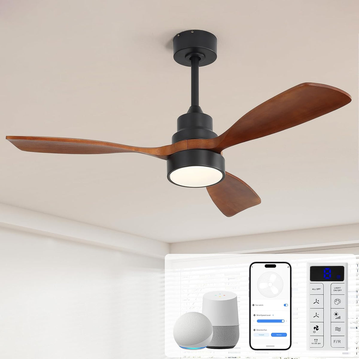 48-Inch Smart Ceiling Fan with Dimmable Light, Remote, and Solid Wood Blades