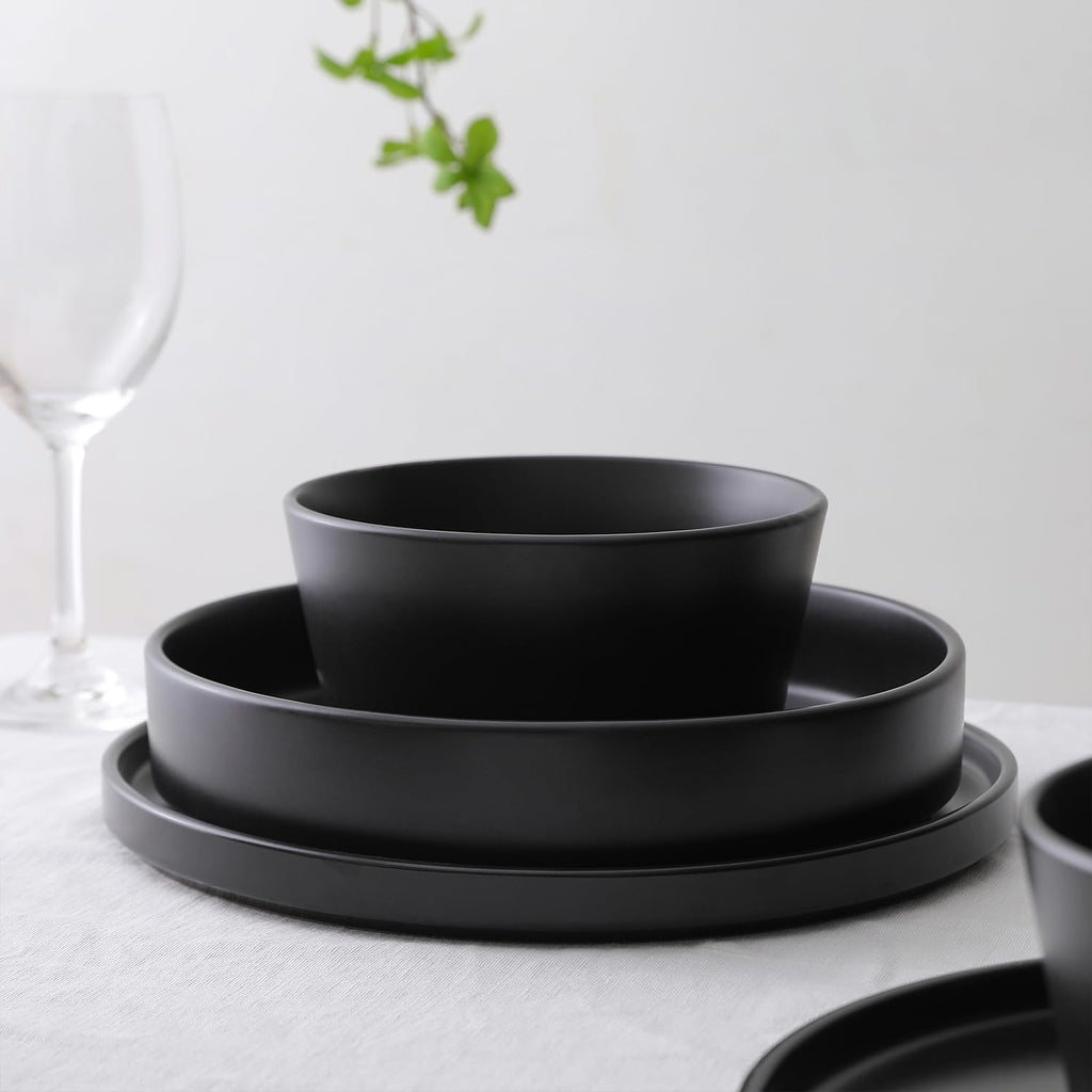 Lain Celina Stoneware 12-Piece Dinnerware Set, Cereal and Pasta Bowls, Black, Coupe