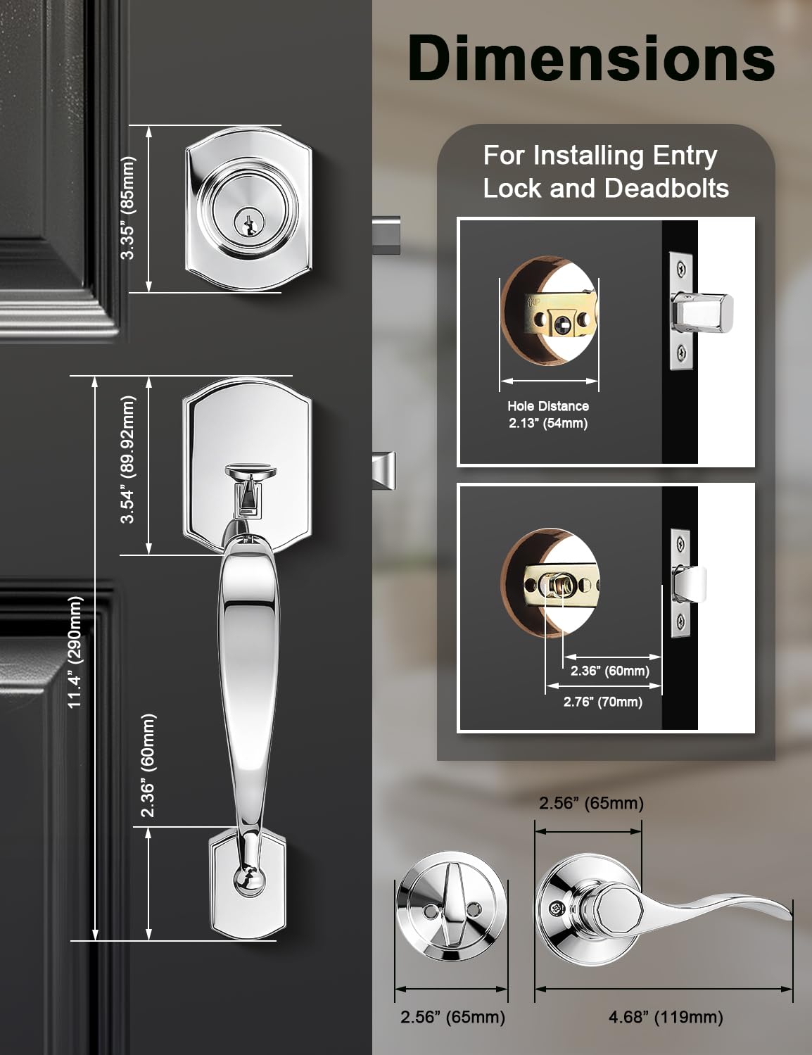 Camelot Front Door Handle and Deadbolt Set, Bright Chrome Front Door Lock Set, Upgated Entry Door Handle with Accent
