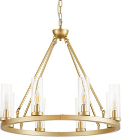 Inspired Ravelle Style 27D Gold Wheel Chandelier 8 Light Round Metal Pendant Light with Clear Glass Shades for Dining Room Kitchen Living Room Industrial Farmhouse Lighting Fixture