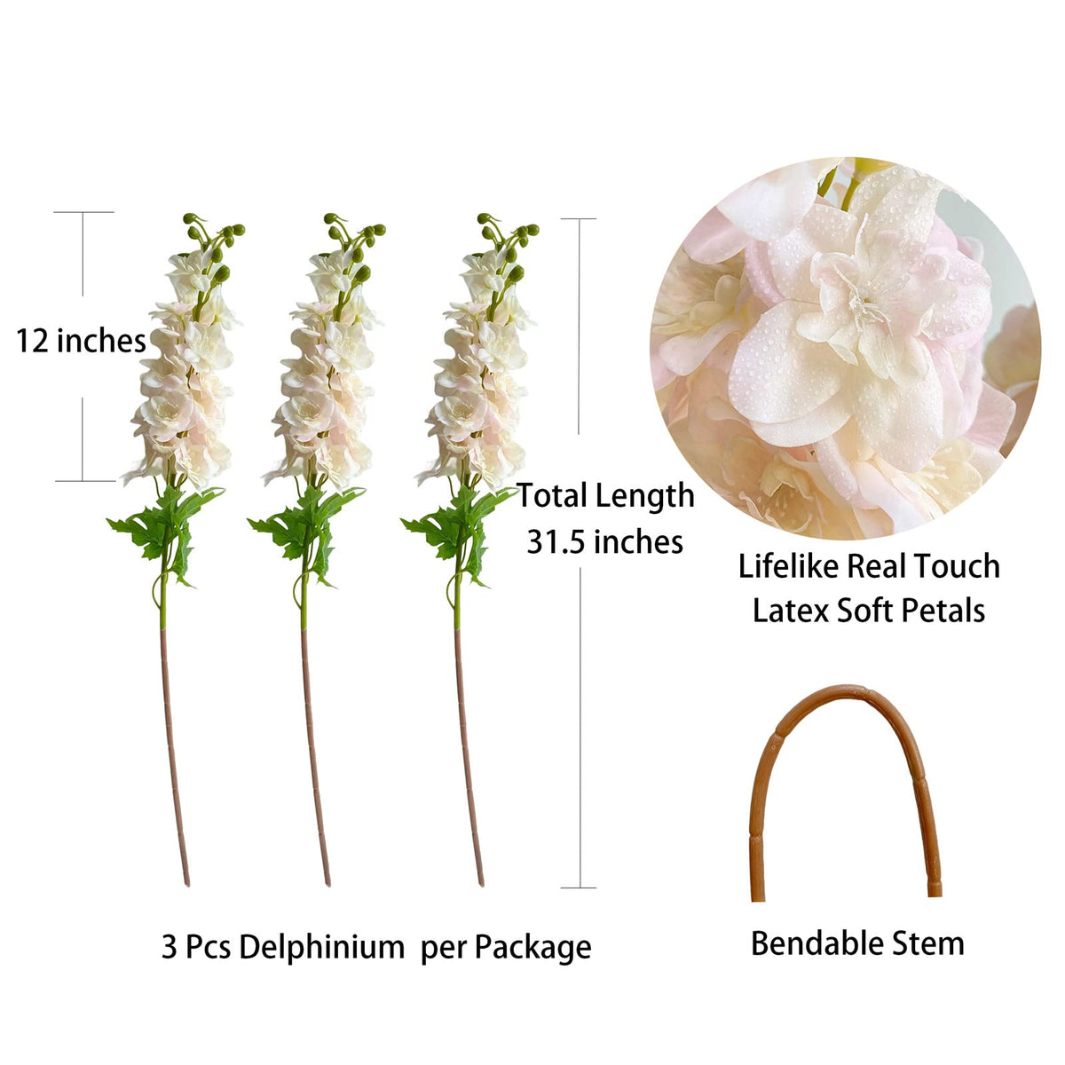 Light Pink Artificial Delphinium Latex Flower 3 Pcs 31.5 inches Long Stem Fake Larkspur Lifelike Real Touch for Tall