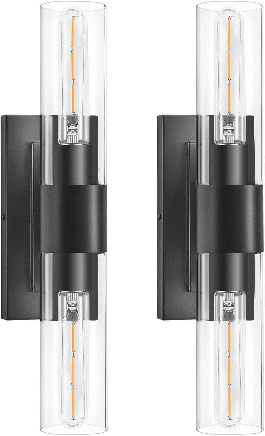 Black Wall Sconces Set of Two,Modern Bathroom Light Fixtures,2-Light Sconces Wall Lighting with Thickened Tempered