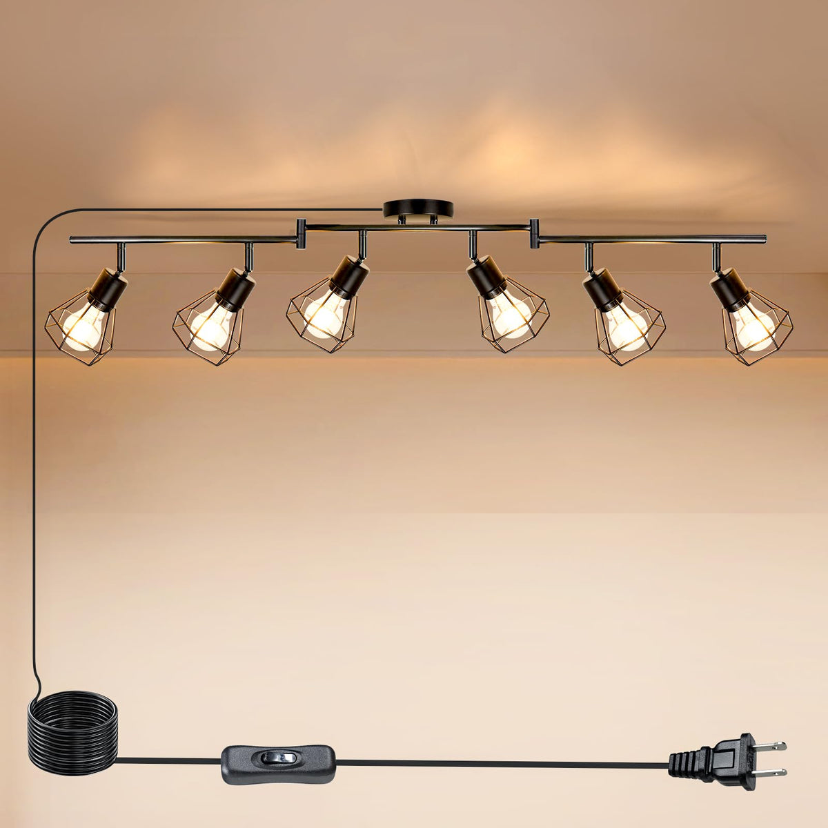 Plug in Track Lighting, 6-Light Adjustable Ceiling Fixture Black