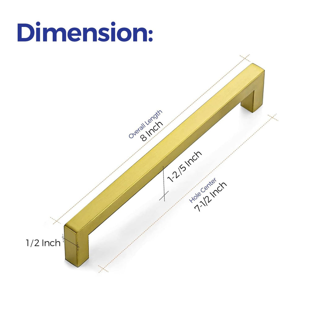 Brushed Brass Kitchen Square Cabinet Handles 7-1/2 Inch 10 Pack