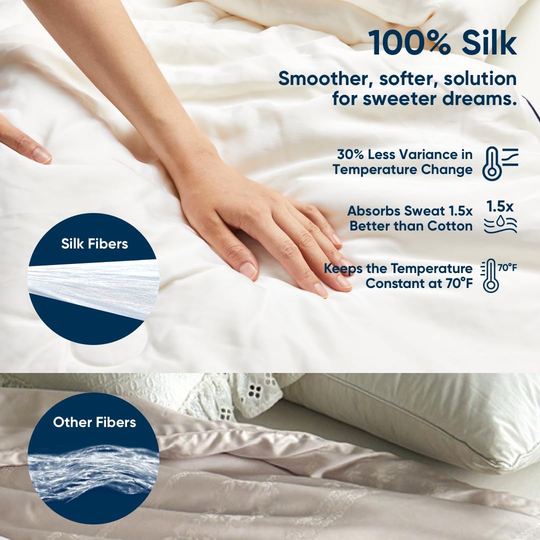All-Season Silk Comforter, Quilt and Duvet Insert for Hot Sleepers, 100% Silk Fill with 100% Cotton Shell