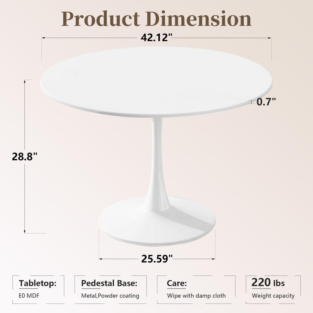 Inspired Saarinen Style 42" Round Tulip Table with Thickened Tabletop & Metal Pedestal