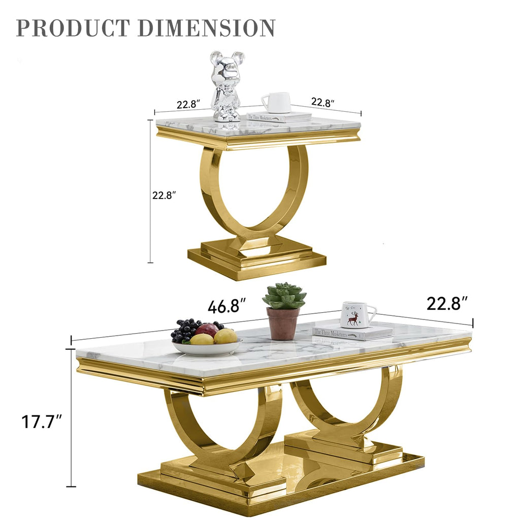 Modern 3 Piece Living Room Table Set, Includes 1 Coffee Table & 2 End Tables, Luxury Faux Marble Coffee End Table Set