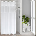 White Shower Curtain with Light Filtering Window, Stall Size Fabric Shower Curtain Liner, 48 x 72 Inch