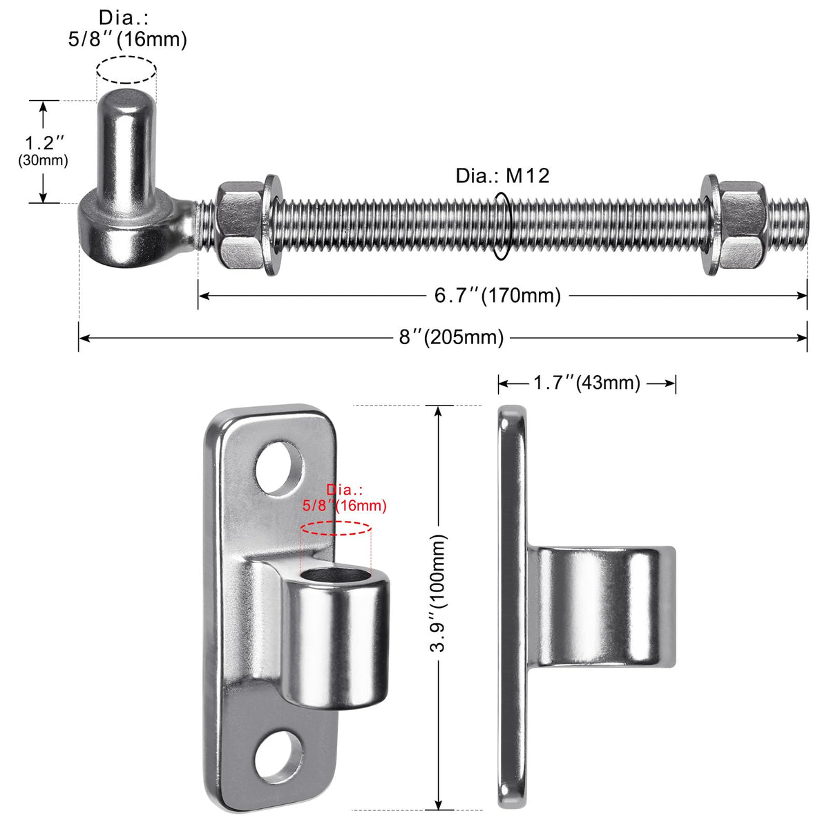 304 Stainless Steel Gate Hinges Set - Heavy Duty 8'' J Bolt and Wall Mount Hinges, One Piece with Non-Welded for Long