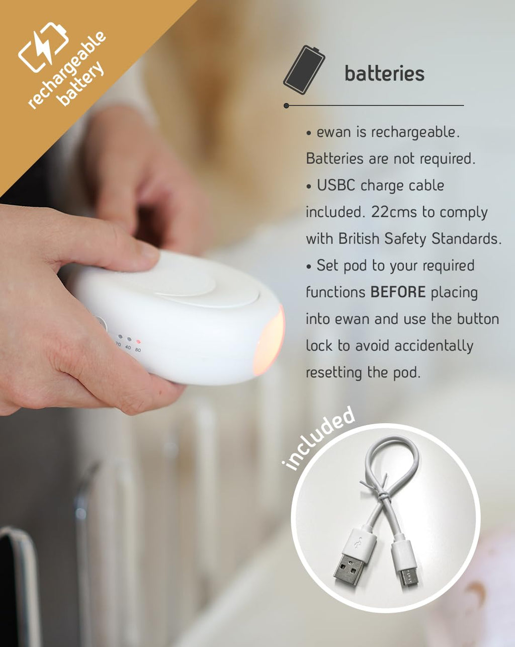 Rechargeable Ewan Deluxe, Gray | Baby & Toddler White Noise Sound Machine | Cry Sensor & Nightlight | 10 | Continuous