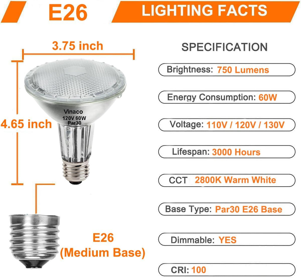 Halogen PAR30 Long Neck Flood Bulb Dimmable 60W 750LM 120V E26 6pcs