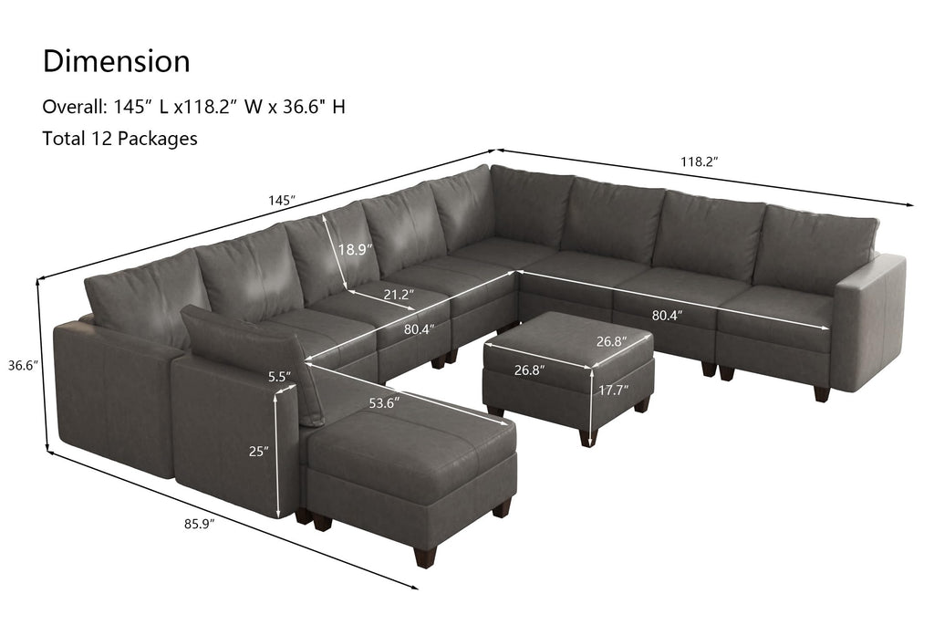 Faux Leather Sectional Couch L Shaped Sectional Sofa, Grey