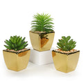 Small Succulents Artificial 3 Pcs Faux Succulents with Gold Pots Mini Fake Succulent Plants Indoor Plant Ceramic Pots