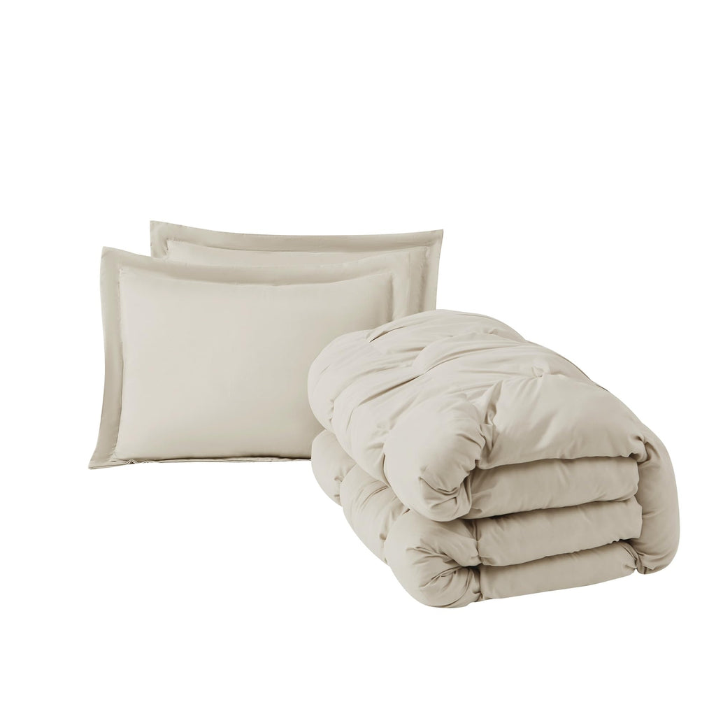 Cloud Puffer Beige Microfiber 3-Piece Comforter Set, Solid Themed, for Men and Women, Oeko-TEX Certified