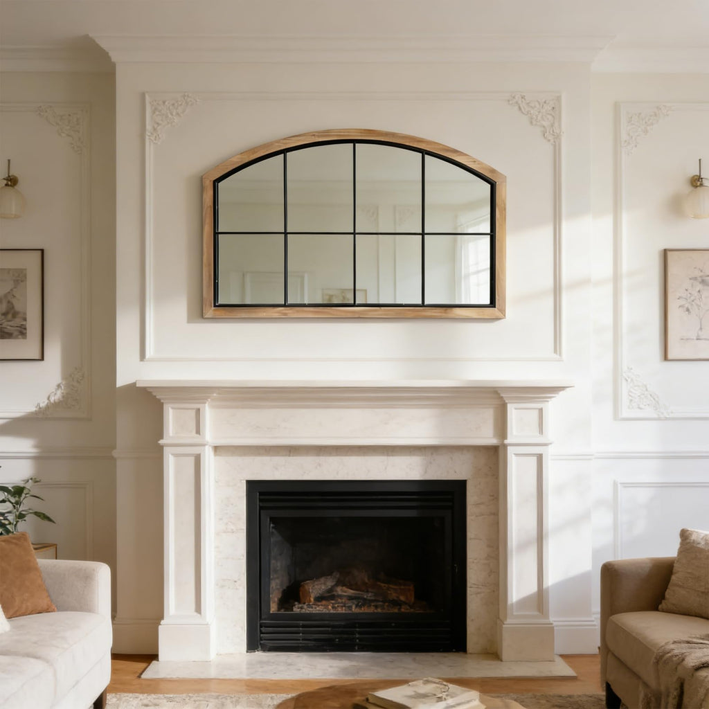 Arch Window Mirror, 48X30 Farmhouse Arch Wall Mirror, Wood Framed Rustic Mirror Metal Inner Frame Decorative, Natural