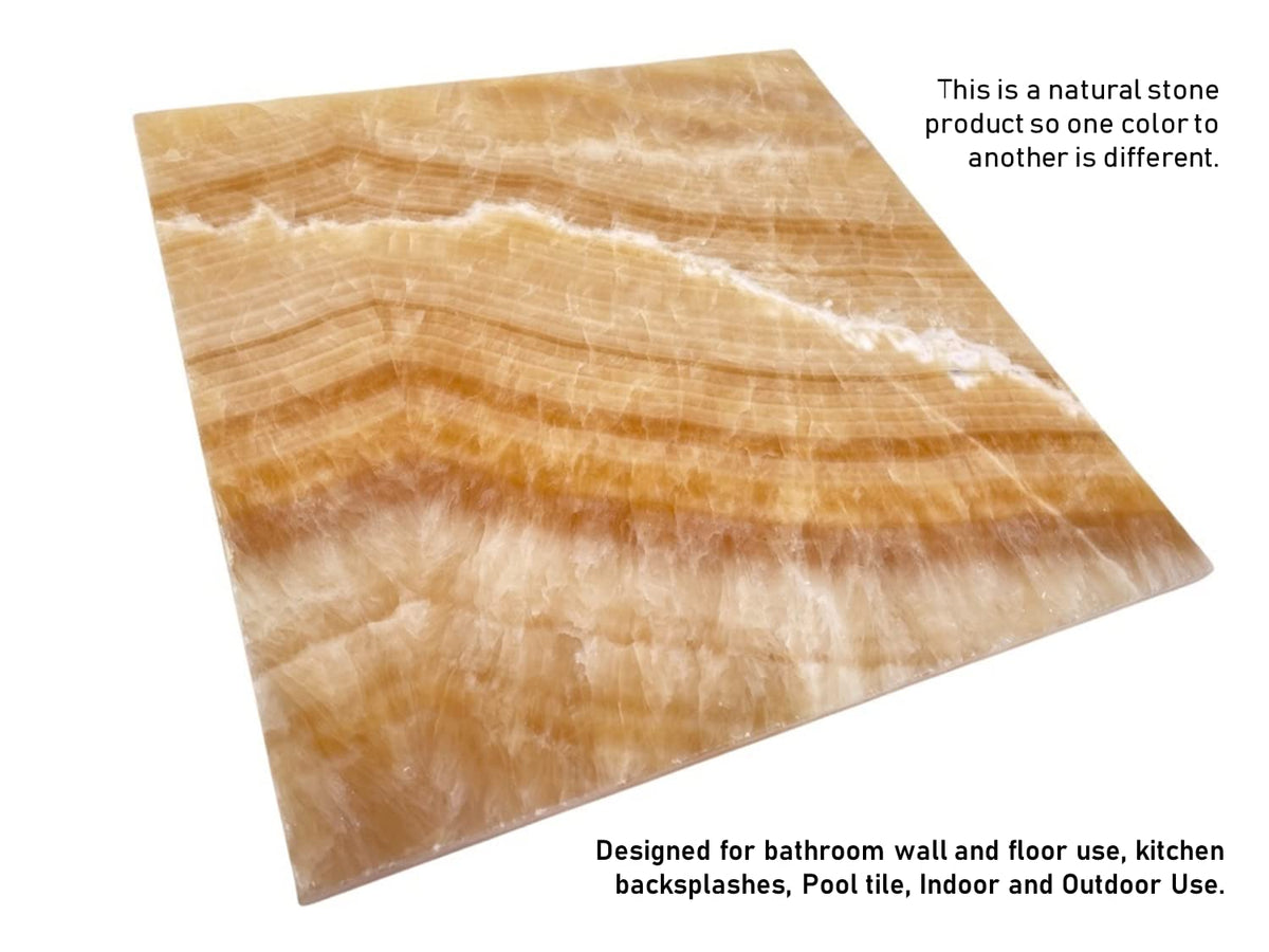 Premium Gold Onyx 12x12 Polished Marble Tile - Natural Stone Floor, Kitchen Backsplash, Fireplace Surround, Wall