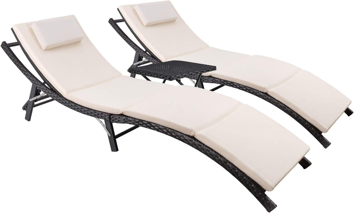 Patio Chaise Lounge Sets Outdoor Rattan Adjustable Back 3 Pieces Cushioned Patio Folding Chaise Lounge with Folding