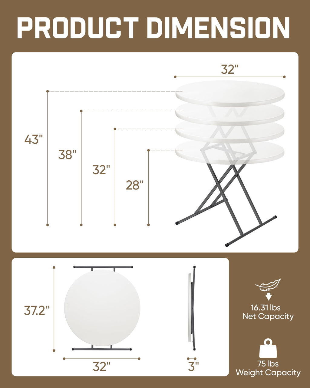 Folding Table Round 32" Quick Adjust 4 Heights Party, Patio