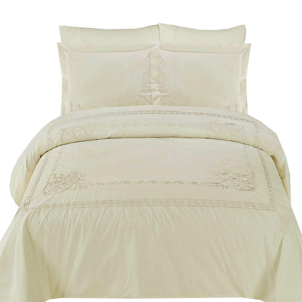 Bedding Athena Ivory Embroidered 3 Piece King/California King Duvet Cover Set 100% Cotton 300 Thread Count