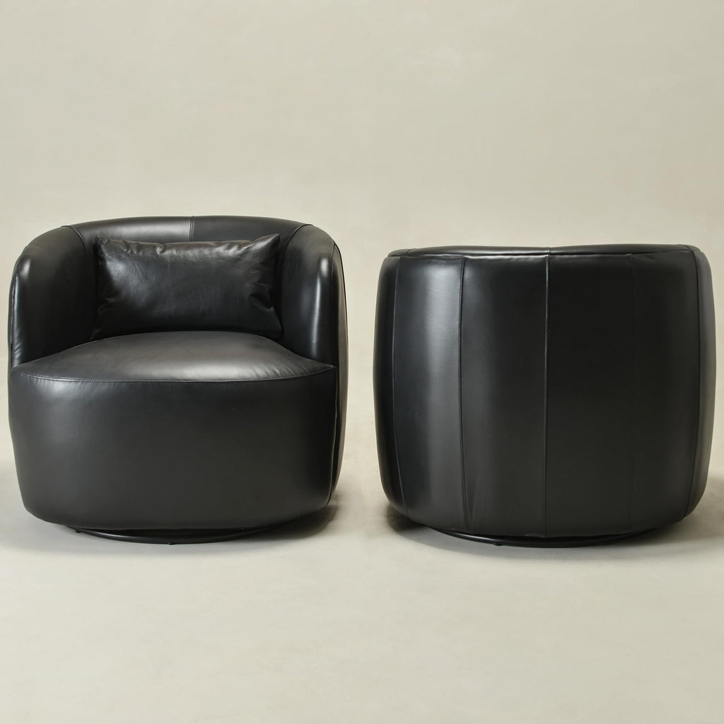 Set of 2 Genuine Leather Upholstered Swivel Barrel Chair, Black