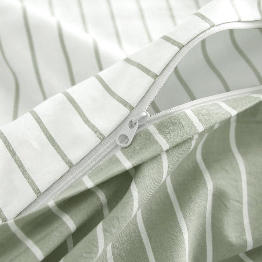 Striped Duvet Cover Cotton Bedding Set 3 Pieces Green White