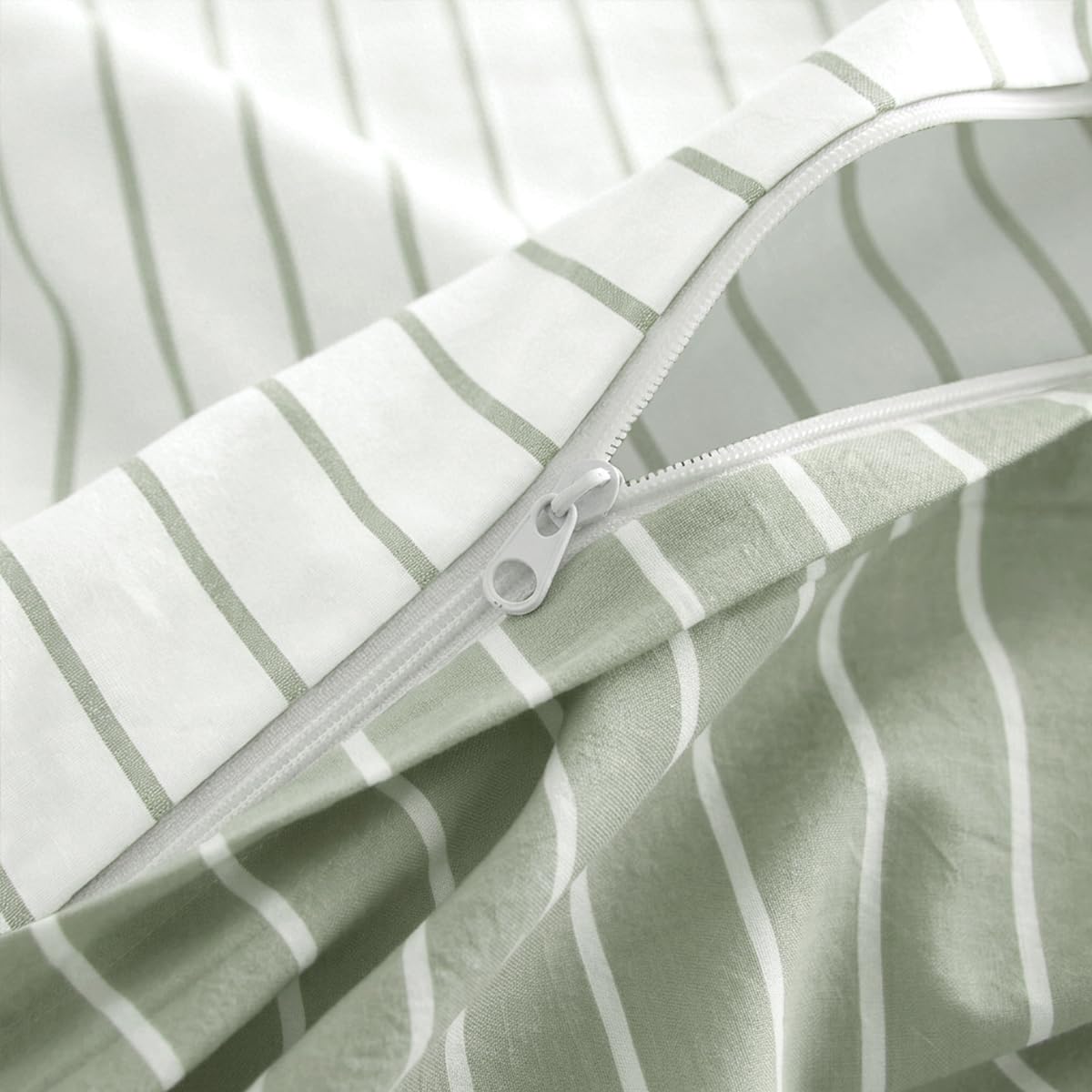Striped Duvet Cover Cotton Bedding Set 3 Pieces Green White