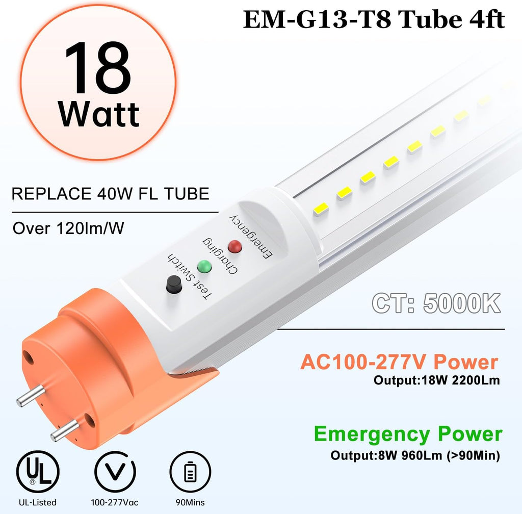 Emergency T8 LED Tube 4ft with Battery Backup, Hardwired G13 Light Bulbs