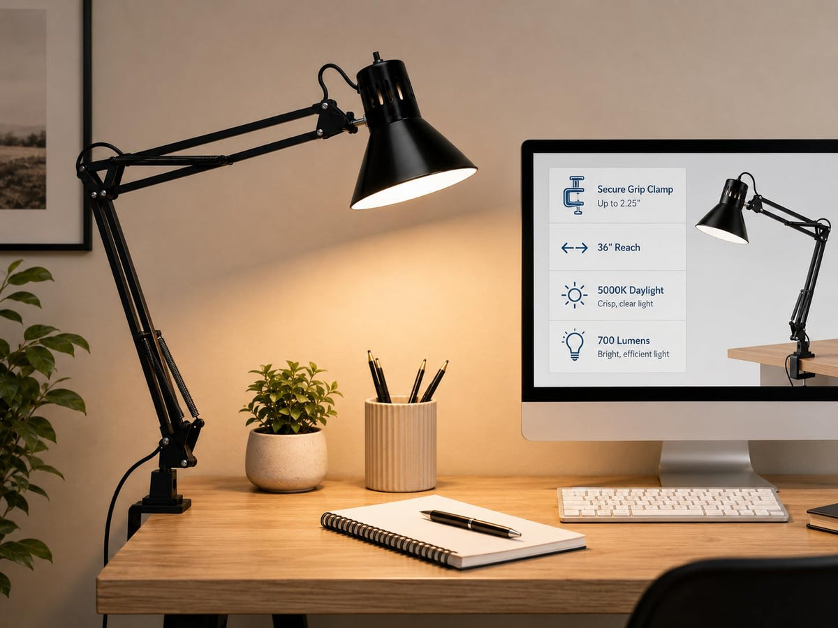 Office VLF100 LED Swing Arm Desk Lamp with Clamp Mount, 36" Reach, Includes LED Bulb,Black
