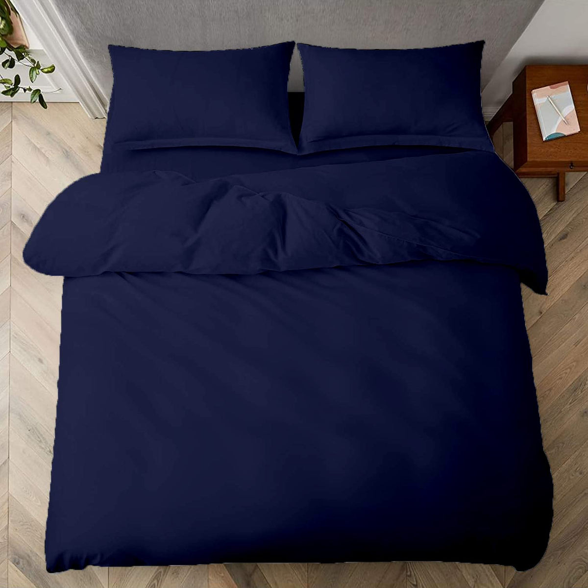 Premium Quality 98x104 Navy Blue Solid Duvet Cover Set Zipper Closure & Corner Ties Easy