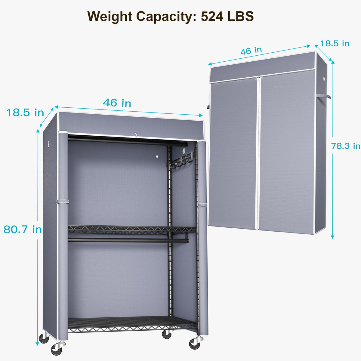 Black Clothing Rack with Grey Cover, P1C Plus Rolling Closets