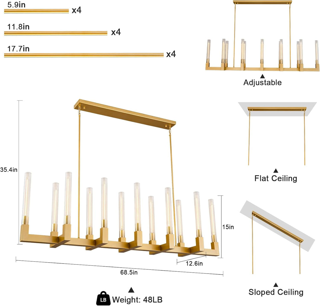 68" 12-Light Gold Modern Rectangular Glass Chandelier