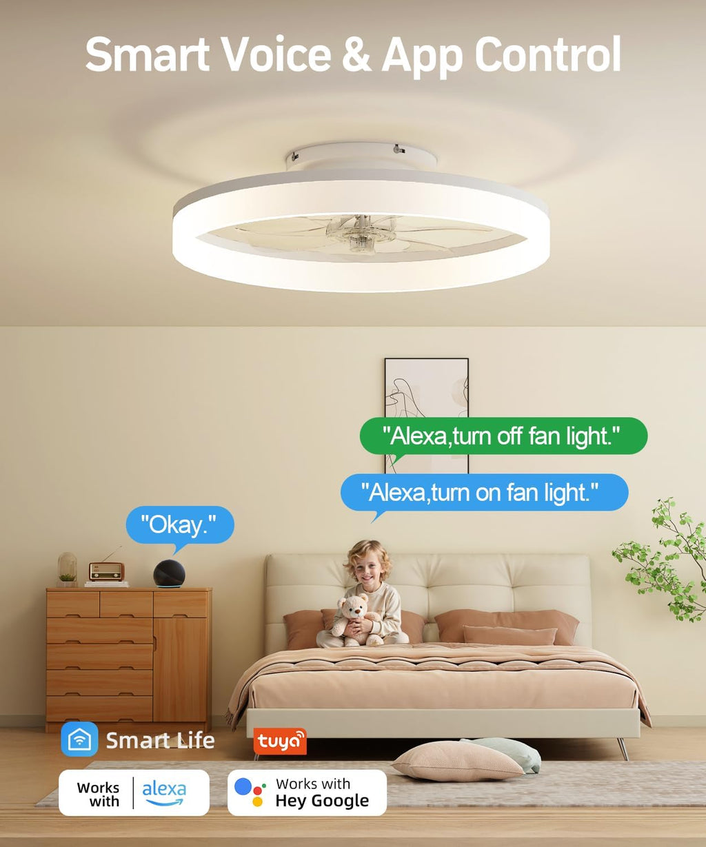 20" Smart Flush Mount Ceiling Fan with Light & Remote