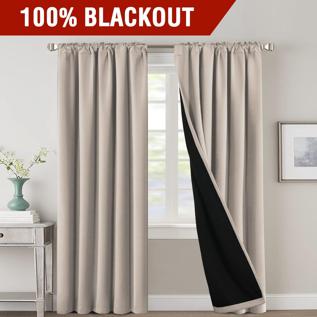 100% Blackout Curtains (Set of 2 Panels) for Bedroom with Black Liner Full Room Darkening Curtains Thermal Insulated Back