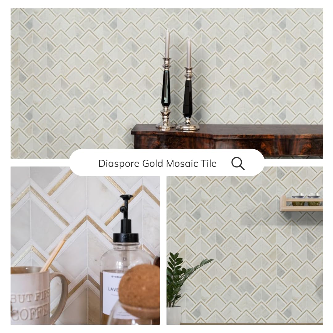 HTC165 Diaspore 10x14 Marble & Brass Mosaic Tile - Waterjet Cut Calacatta Carrara Mix with Gold Metal, Mesh-Mounted