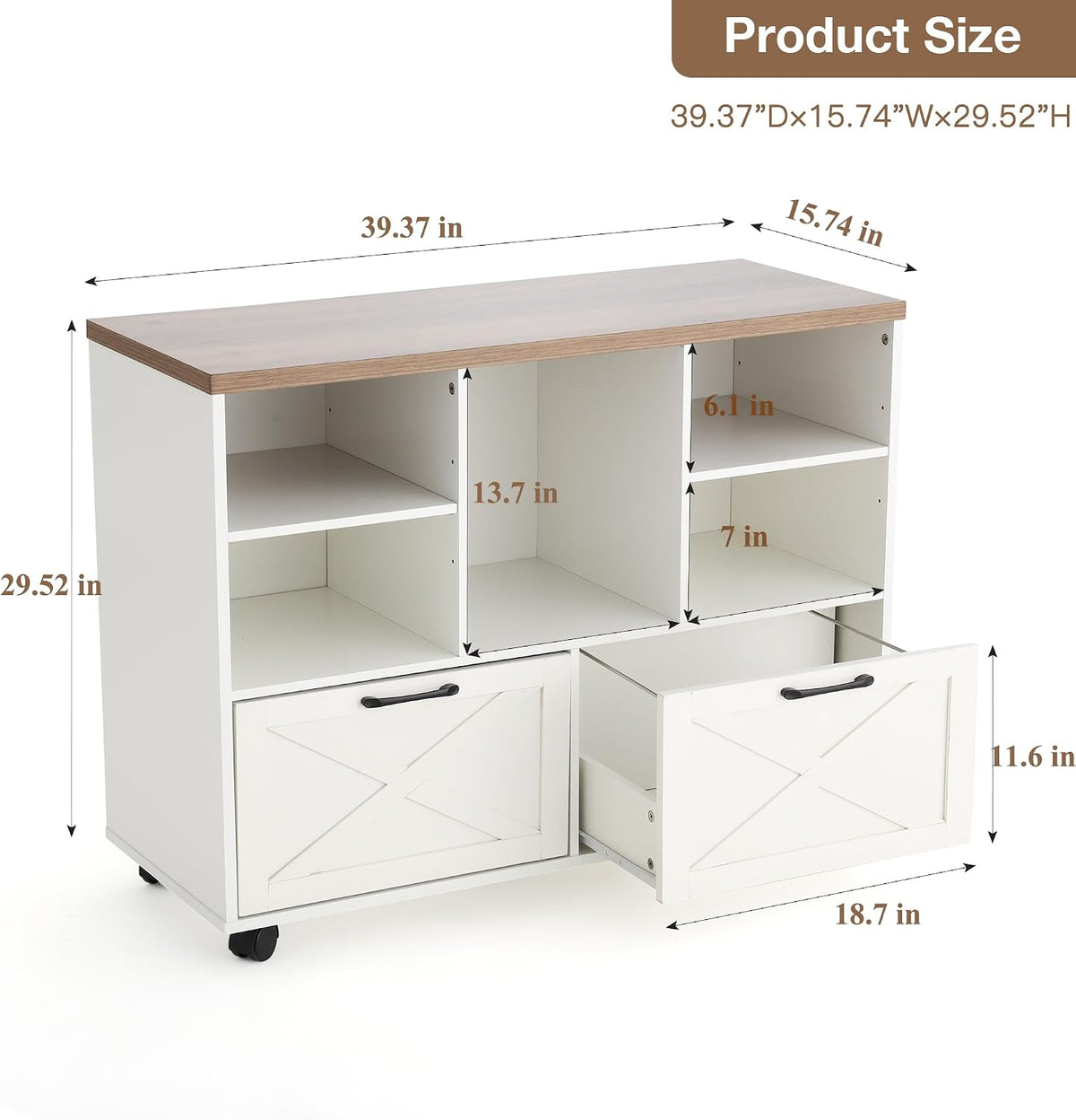 39.3" Lateral File Cabinet with Wheels, Farmhouse Wood File Cabinet with Drawers, Small Home Office File Cabinet with