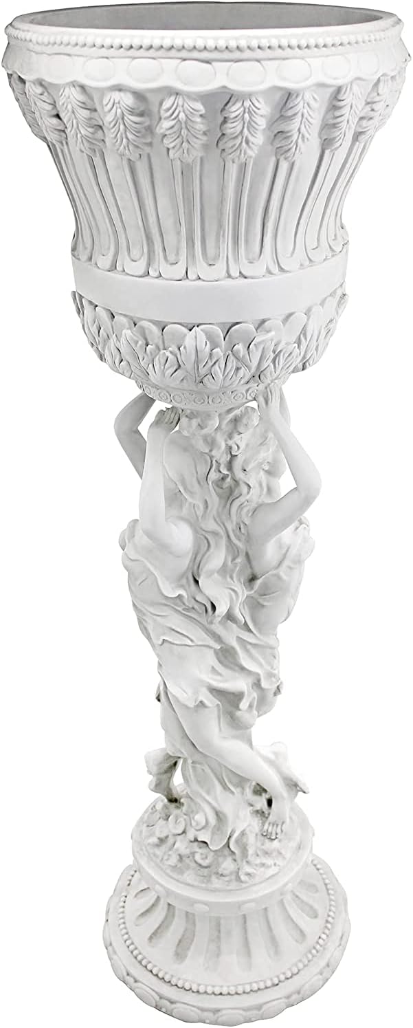 Les Filles Joyeuses Dancing Maidens Pedestal Column Plant Stand with Urn, 36 Inch Tall, Cast Stone Resin, Antique