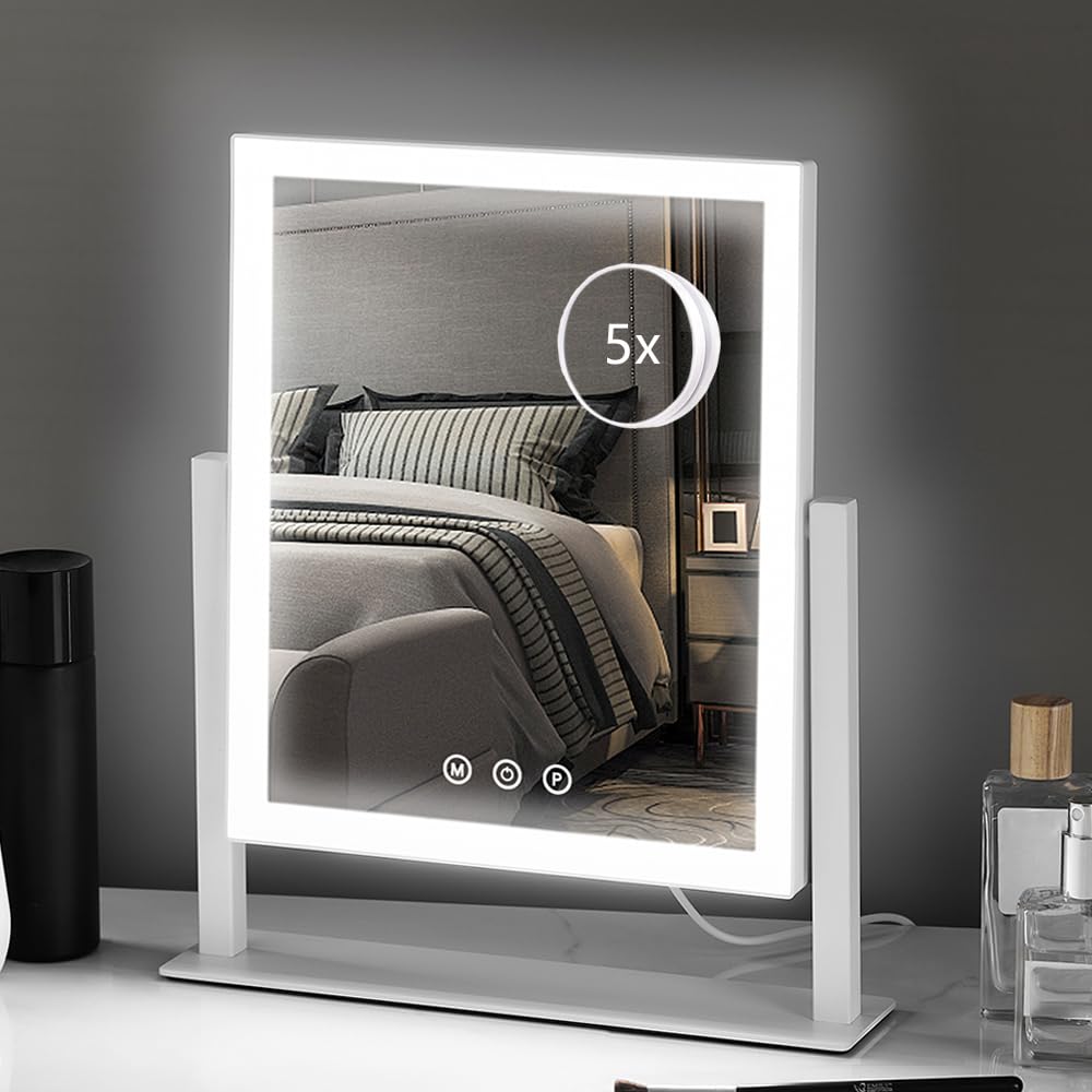 Lighted Makeup Mirror, Hollywood Vanity Mirror with Lights, Three Color Lighting Modes, and 5X Magnification Mirror