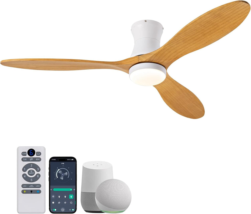 52 Inch Low Profile Smart Ceiling Hugger Fan with LED Light & Remote - Flush Mount, WiFi Alexa, 6-Speed Reversible - White