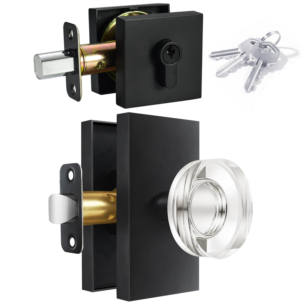 Black Glass Crystal Door Knobs with Deadbolt, Single Cylinder Deadbolt Set