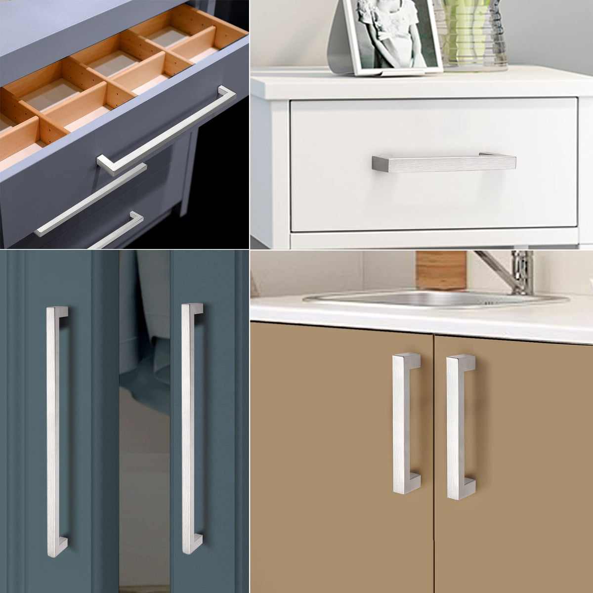 15 Pack 3-1/2 inch Hole Center Stainless Steel Cabinet Pulls in Brushed Nickel, Square Kitchen Cabinet Handles Bath