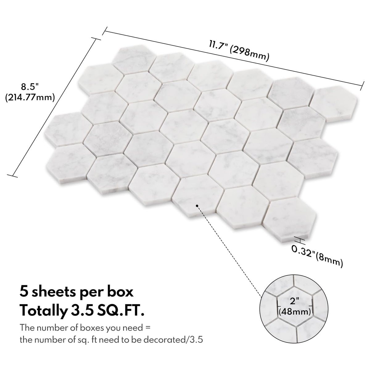 Carrara White Marble Stone 2 Inch Hexagon Italian Bianco Carrera Marble Mosaic Tile Wall Bathroom Shower Floor (5